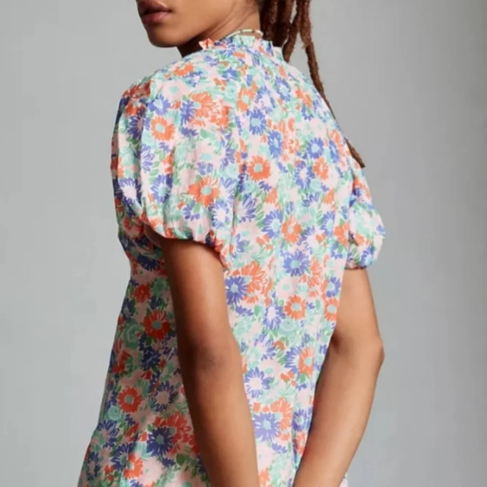 Anthropologie Banjanan Tammy Top Floral Short Puff Sleeve Blouse Large NEW NWT